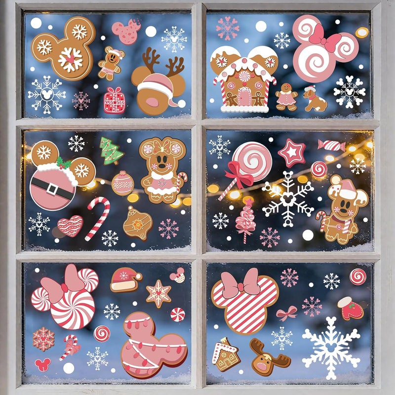 MAXDUCK Christmas Gingerbread Window Cling Decorations - 12 Sheets Pink Double-Sided Christmas Gingerbread Sticker for Window Decor, Mouse, Castle, Snowflake Stickers for Indoor Office Home Decor - Image 1